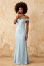 Marina Sky Blue Satin Off the Shoulder Maxi Dress