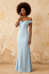 Marina Sky Blue Satin Off The Shoulder Maxi Dress