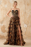 Martha Brown Leopard Print Corset Ruffle A-line Maxi Dress