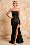 Maureen Black Satin Ruched Maxi Dress with Slit Black