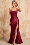 Maureen Burgundy Satin Ruched Maxi Dress with Slit Burgundy
