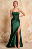Maureen Emerald Green Satin Ruched Maxi Dress with Slit Emerlad Green