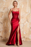 Maureen Red Satin Ruched Maxi Dress with Slit