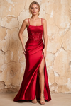 Maureen Red Satin Ruched Maxi Dress with Slit Red