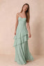 Front studio view of Rosalie agave tiered ruffle maxi dress with a long flowing skirt