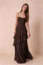 Rosalie Chocolate Brown Chiffon Tiered Ruffle Sweetheart Maxi Dress