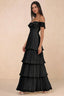 Front studio view of Seraphina black tiered ruffle maxi dress with a long flowing skirt