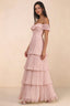 Front studio view of Seraphina haze pink tiered ruffle maxi dress with a long flowing skirt
