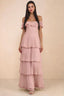 Front studio view of Seraphina light pink tiered ruffle maxi dress with a long flowing skirt