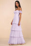 Front studio view of Seraphina lilac tiered ruffle maxi dress with a long flowing skirt