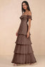 Front studio view of Seraphina mocha tiered ruffle maxi dress with a long flowing skirt