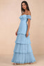 Front studio view of Seraphina steel blue tiered ruffle maxi dress with a long flowing skirt