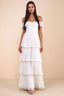 Front studio view of Seraphina white tiered ruffle maxi dress with a long flowing skirt