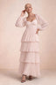 Front studio view of Sienna powder pink tiered pleated maxi dress with a long flowing skirt