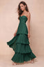 Front studio view of Sonia hunter green tiered pleated maxi dress with a long flowing skirt
