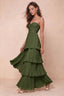 Front studio view of Sonia olive green tiered pleated maxi dress with a long flowing skirt