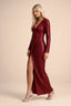 Front studio view of Valeria burgundy long sleeve V-neck slit maxi dress with a long straight skirt