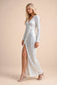 Front studio view of Valeria silver long sleeve V-neck slit maxi dress with a long straight skirt
