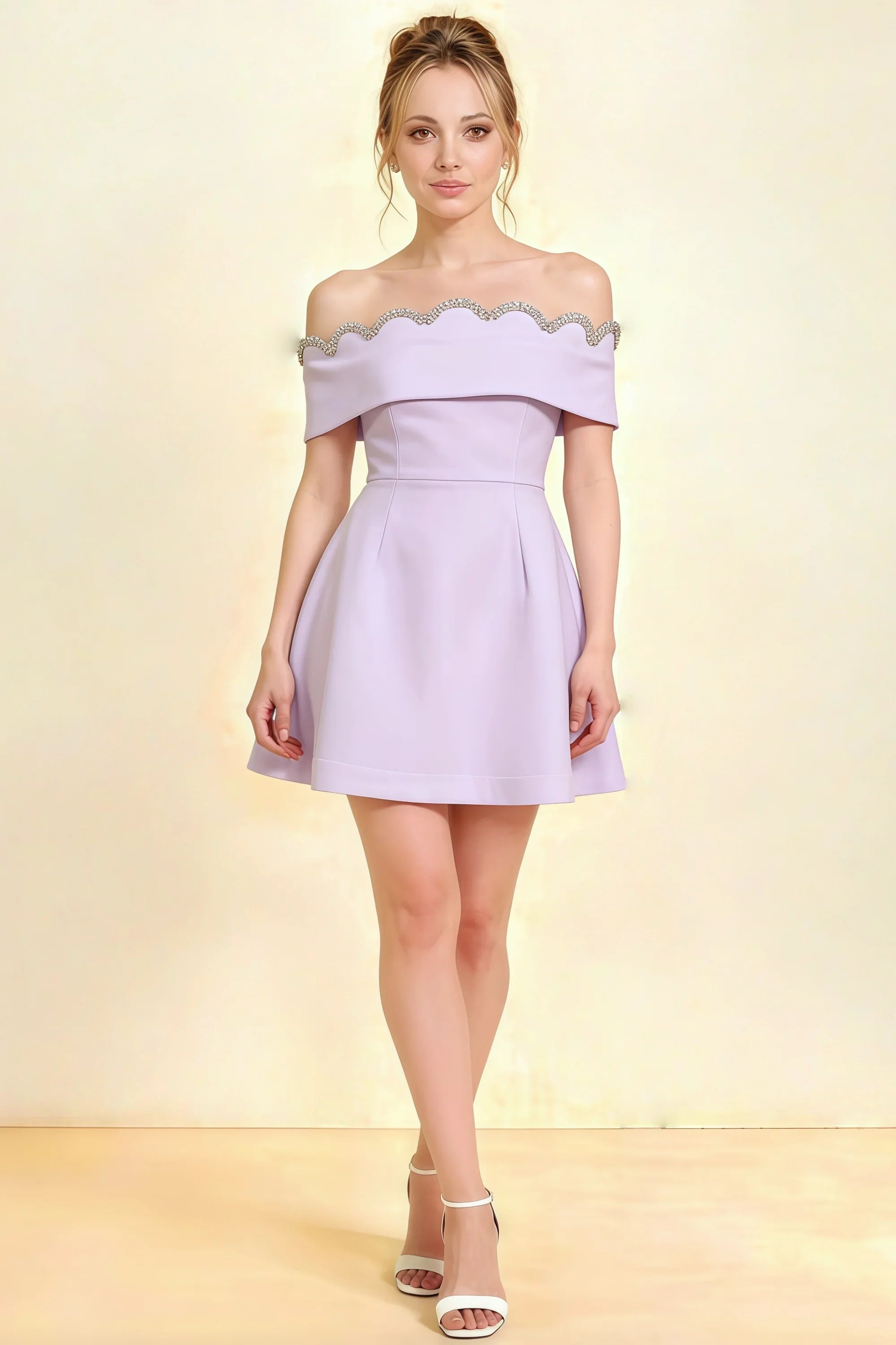Christy lavender off the shoulder rhinestones mini dress in crepe, perfect for homecoming or semi-formal events, featuring a scalloped neckline and flared skirt.