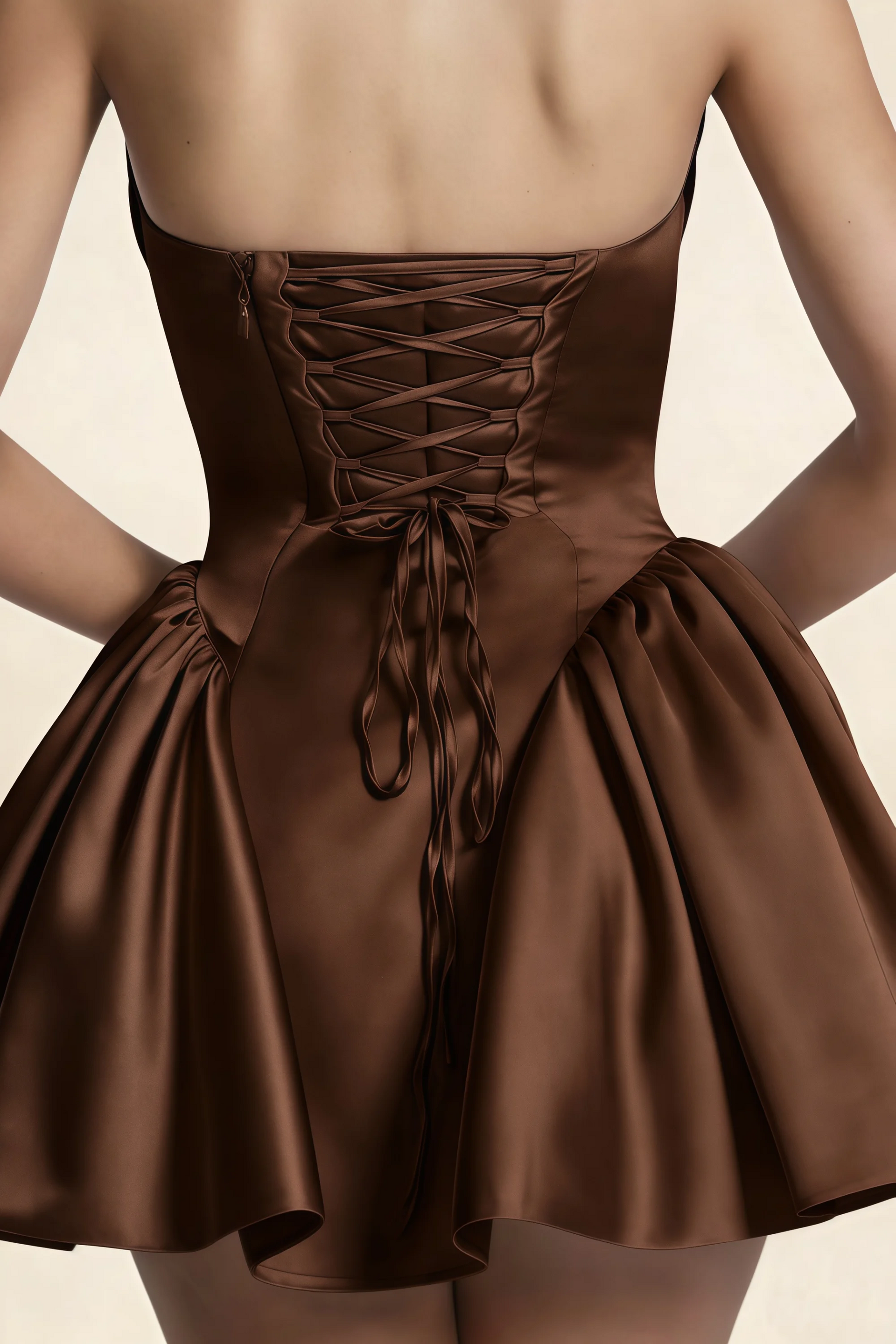 April Brown Satin Strapless Lace-up Mini Dress with Bow