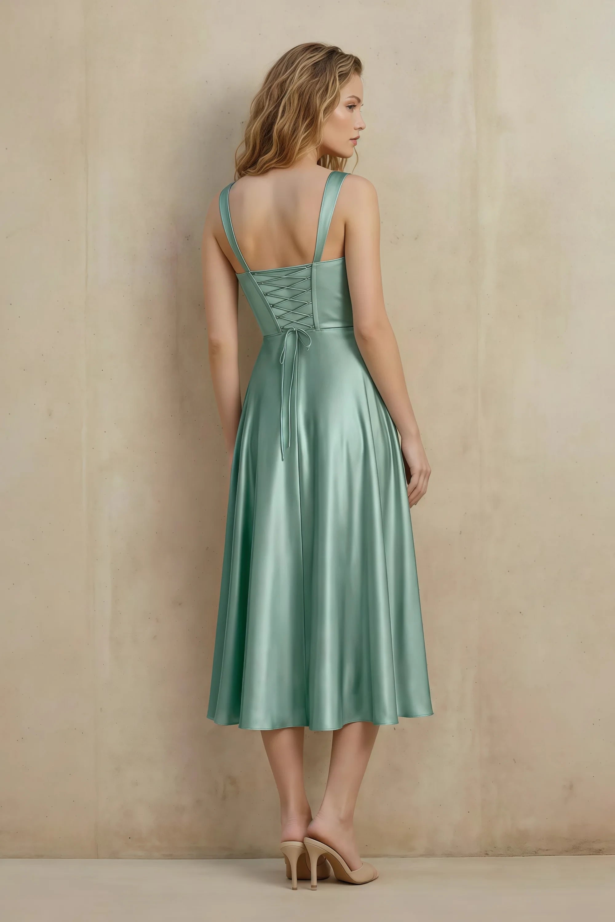 Abby Agave Satin Square Neck Ruched Midi Dress Secondary image