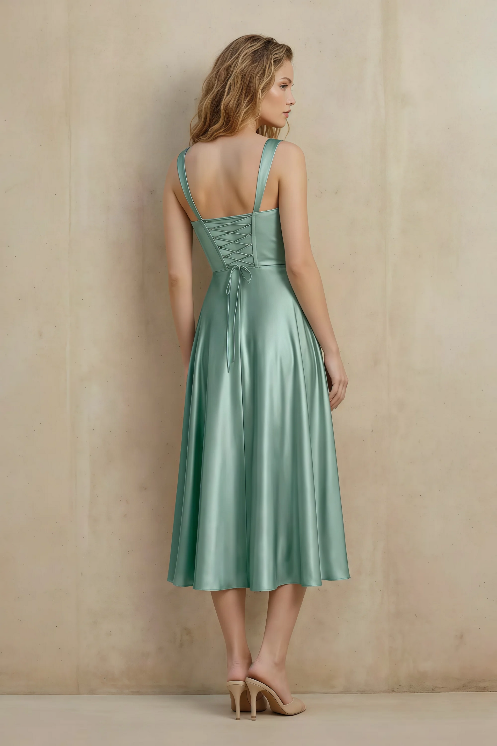 Abby Agave Satin Square Neck Ruched Midi Dress