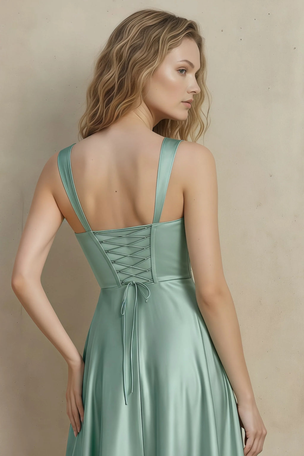 Abby Agave Satin Square Neck Ruched Midi Dress