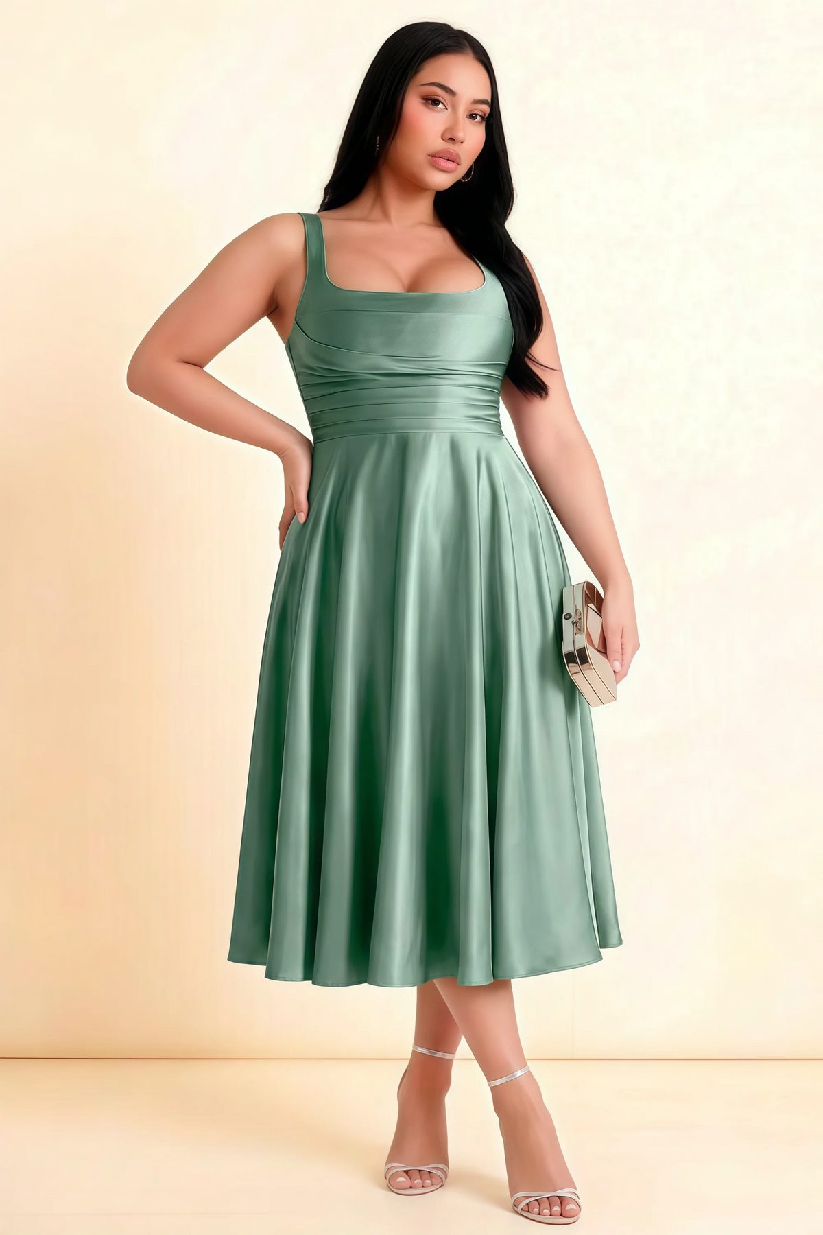 Abby Agave Satin Square Neck Ruched Midi Dress