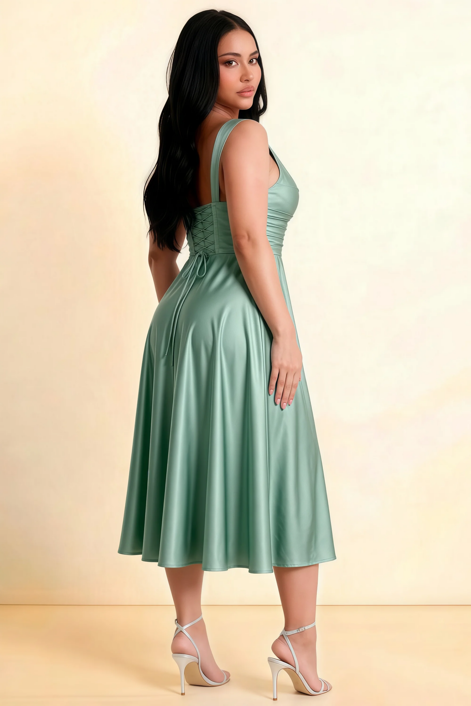 Abby Agave Satin Square Neck Ruched Midi Dress