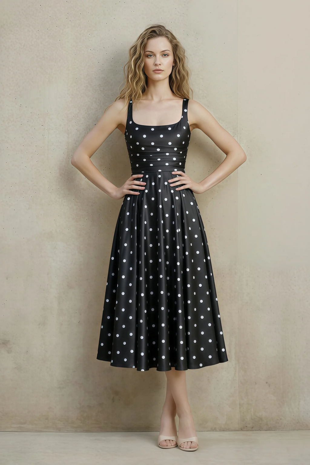 Abby Black Polka Dot Square Neck Ruched Midi Dress