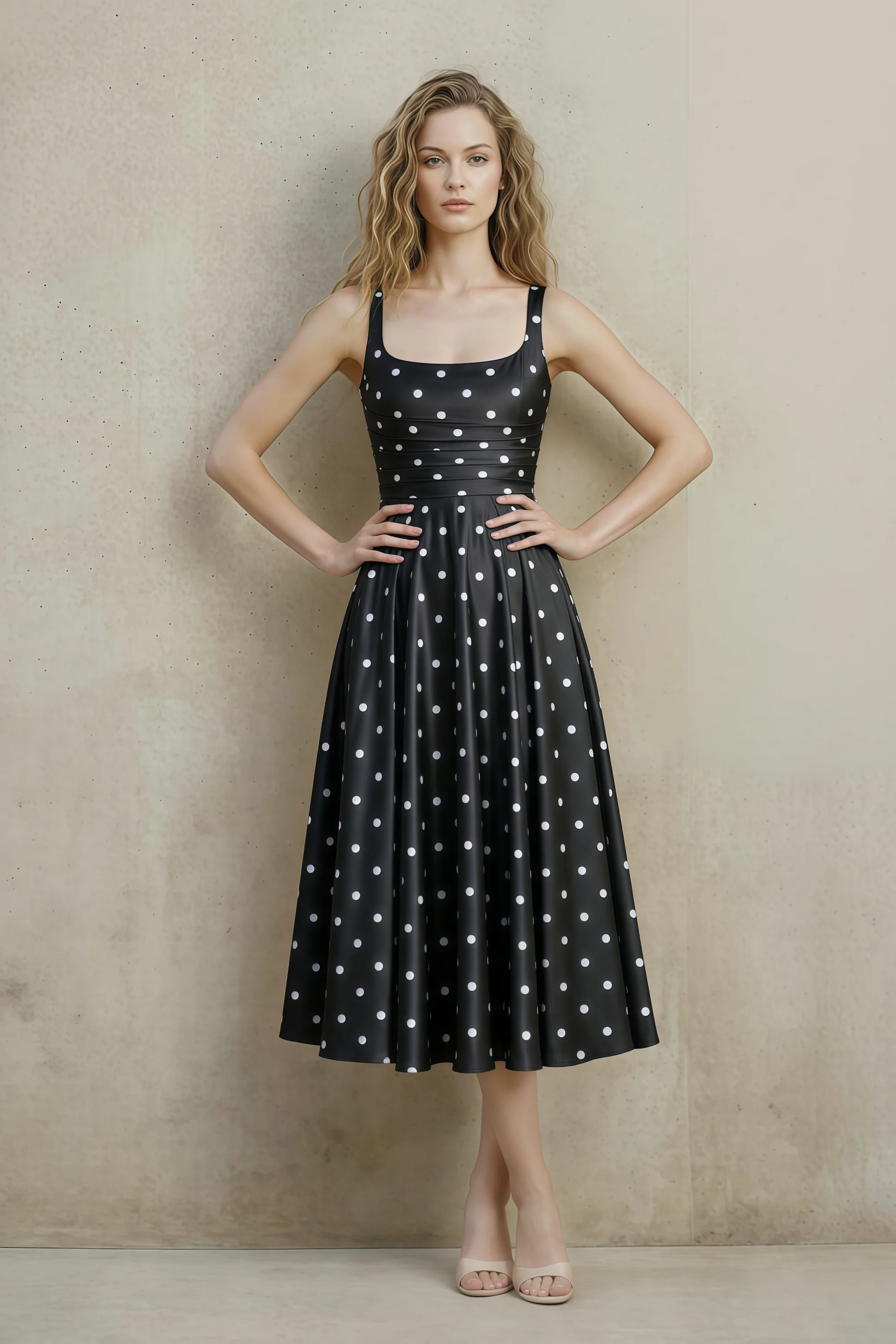 Abby Black Polka Dot Square Neck Ruched Midi Dress