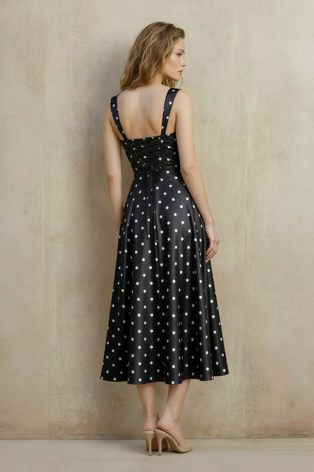 Abby Black Polka Dot Square Neck Ruched Midi Dress