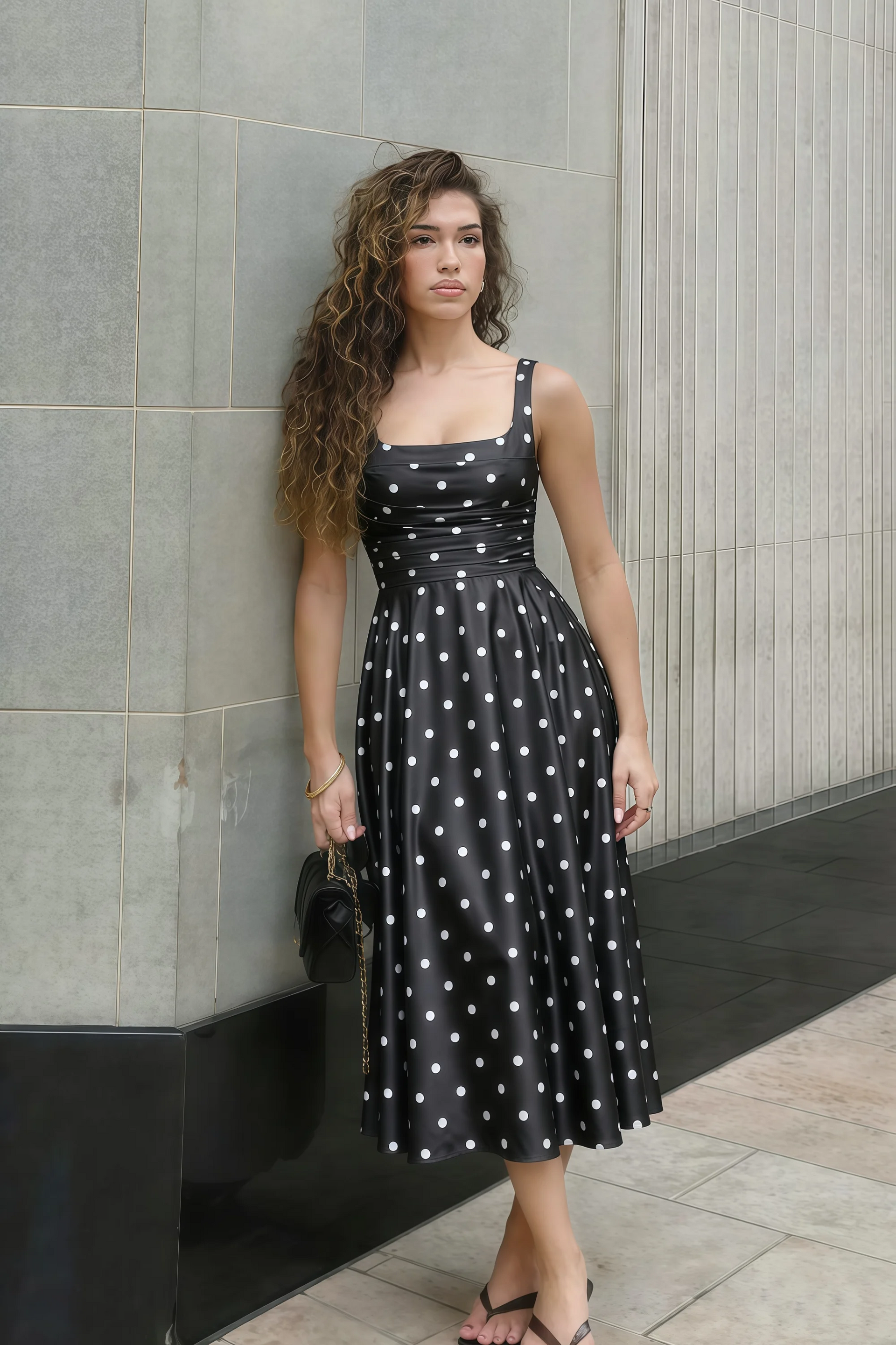 Abby Black Polka Dot Square Neck Ruched Midi Dress