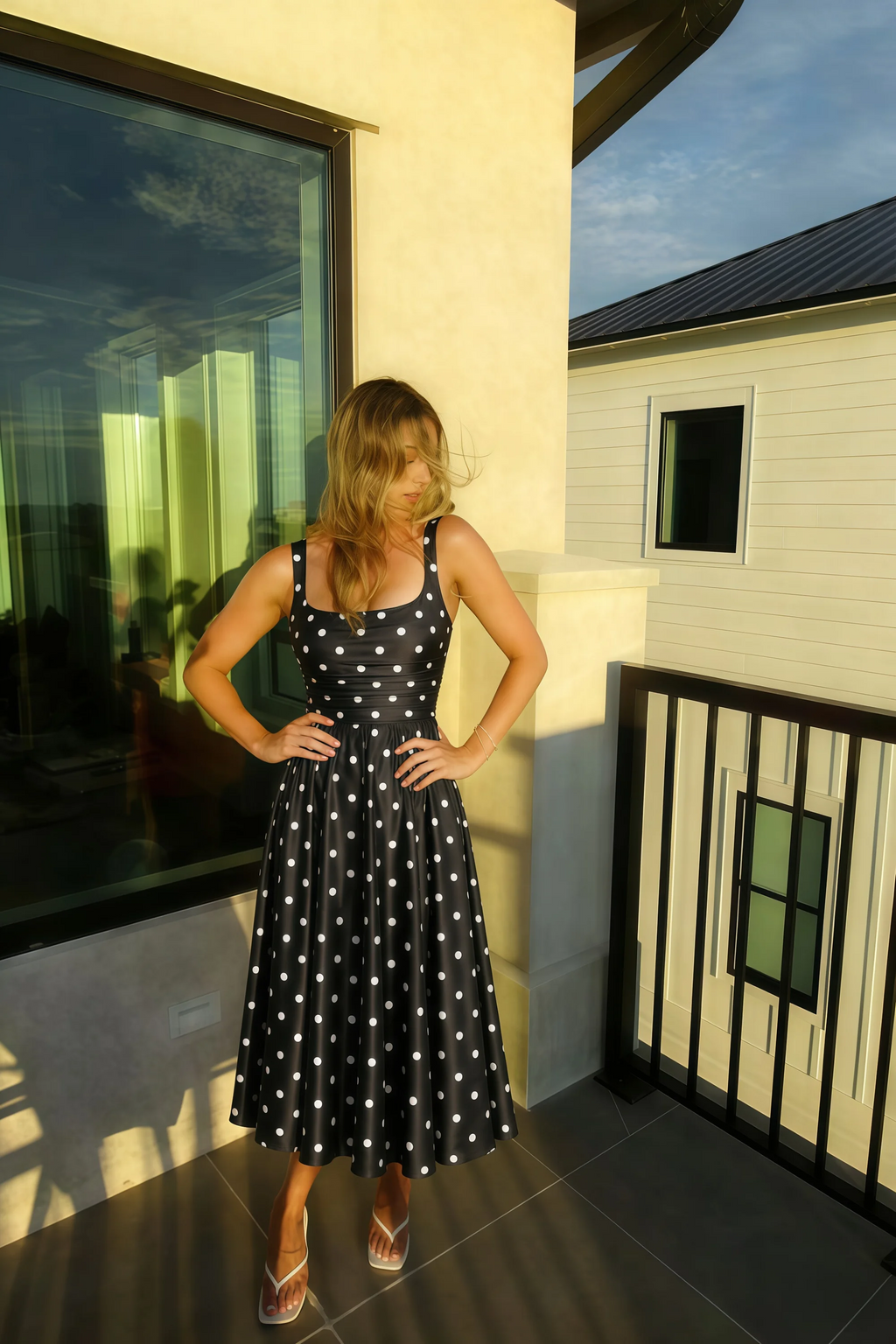 Abby Black Polka Dot Square Neck Ruched Midi Dress