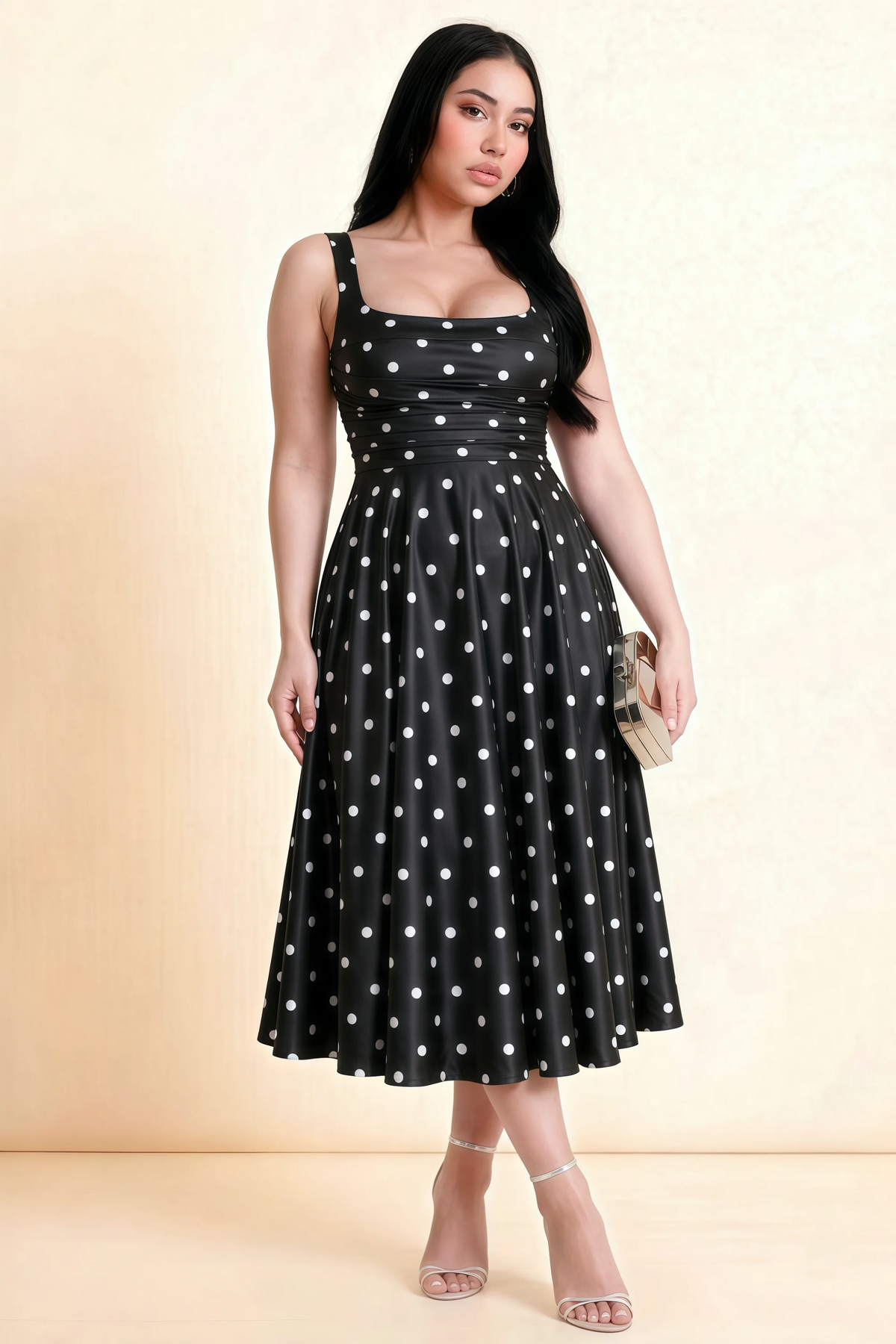 Abby Black Polka Dot Square Neck Ruched Midi Dress