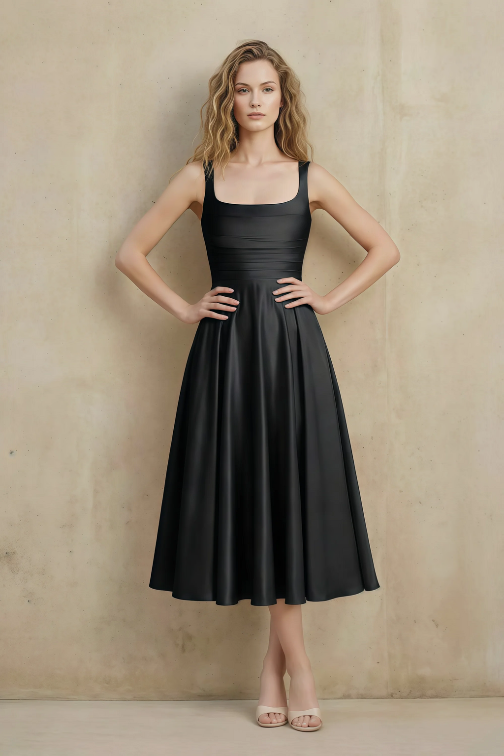 Abby Black Satin Square Neck Ruched Midi Dress