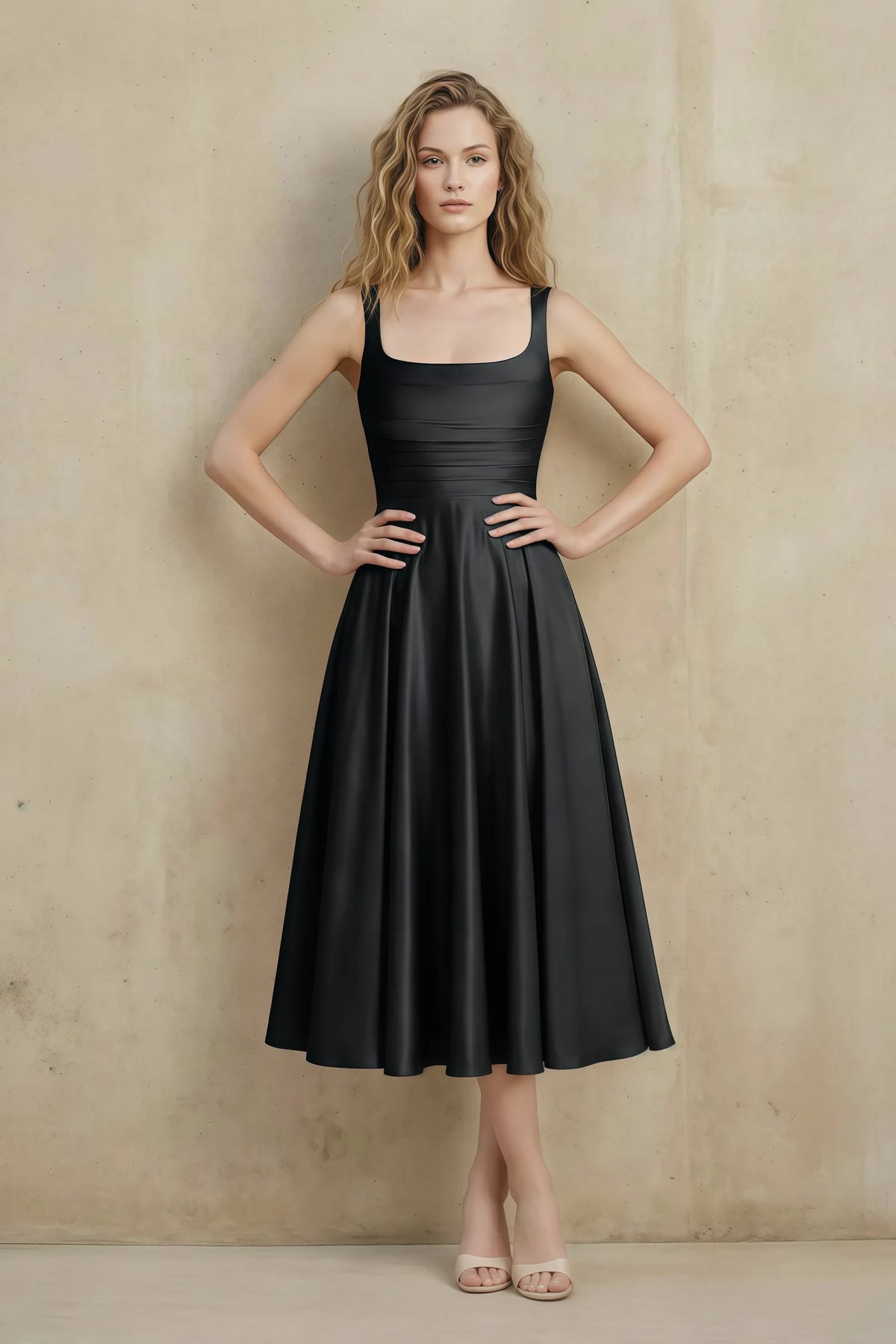 Abby Black Satin Square Neck Ruched Midi Dress Main image