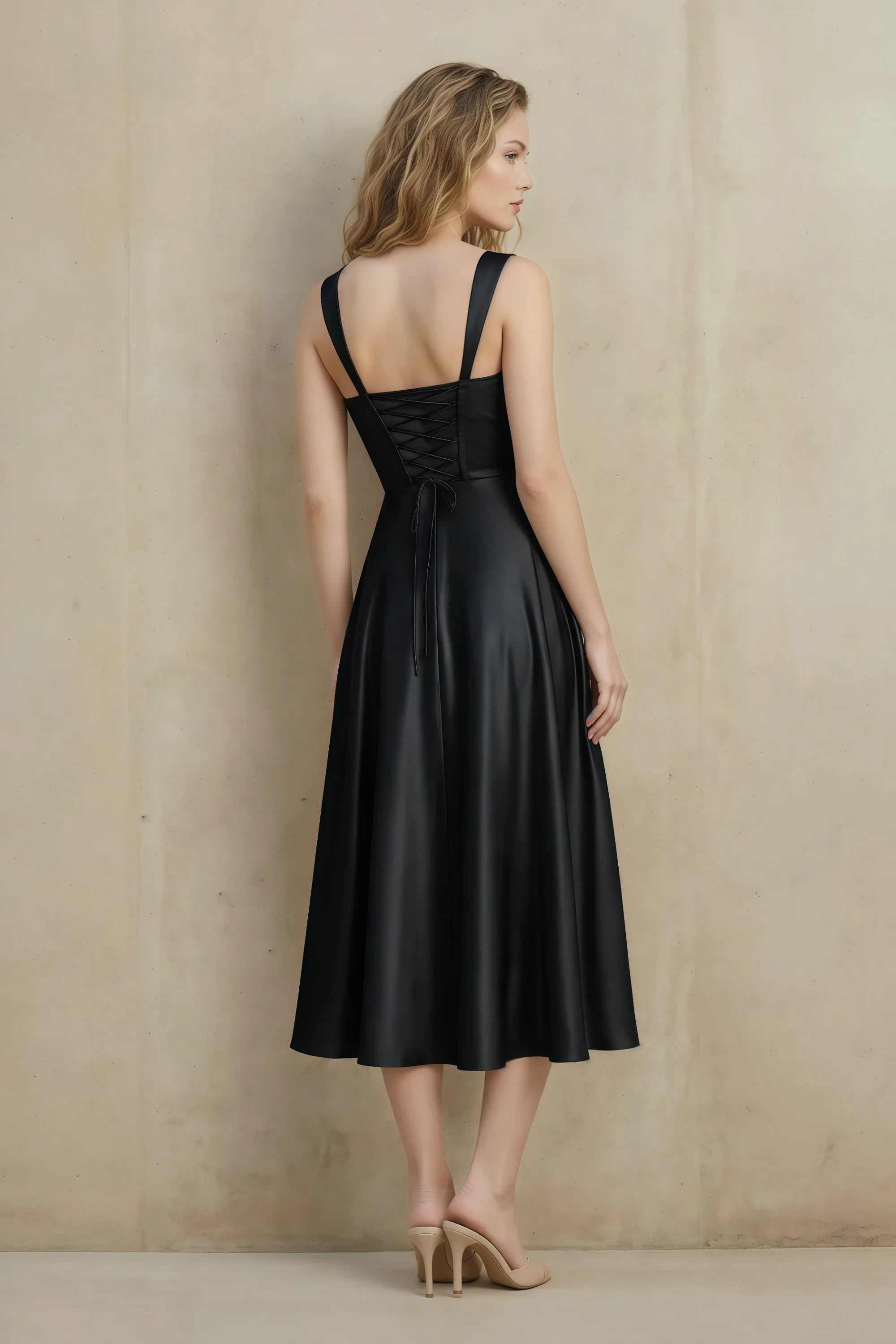 Abby Black Satin Square Neck Ruched Midi Dress Secondary image