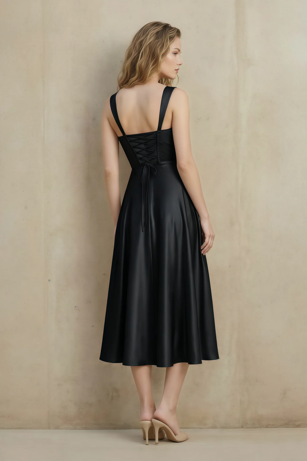 Abby Black Satin Square Neck Ruched Midi Dress