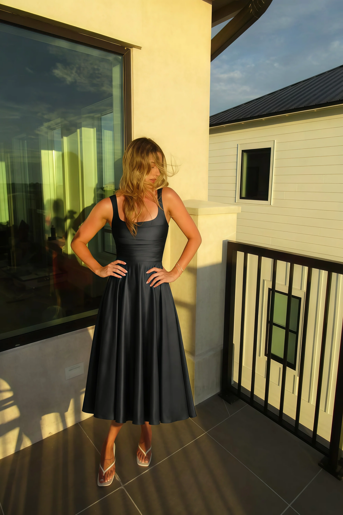 Abby Black Satin Square Neck Ruched Midi Dress