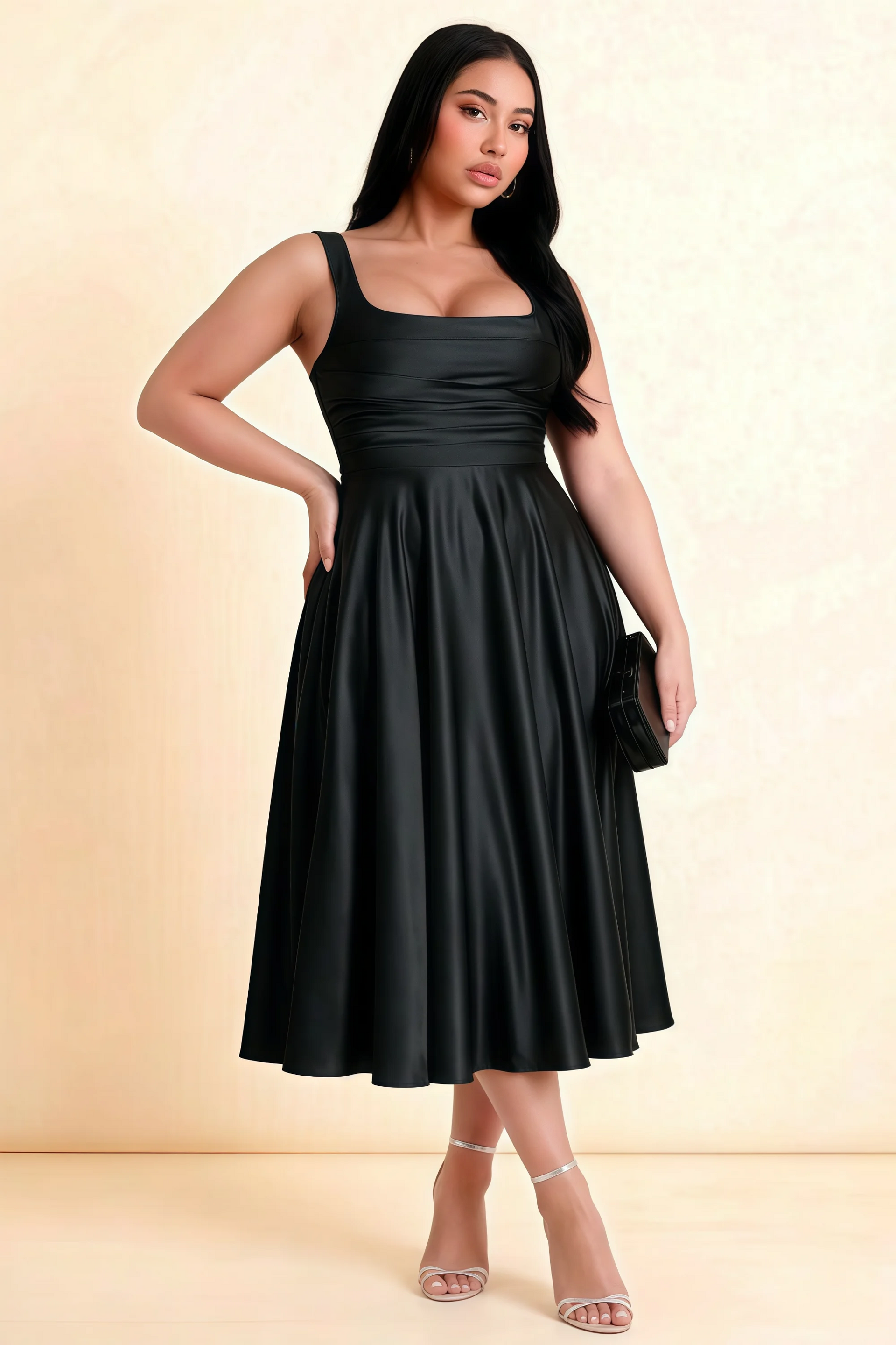 Abby Black Satin Square Neck Ruched Midi Dress