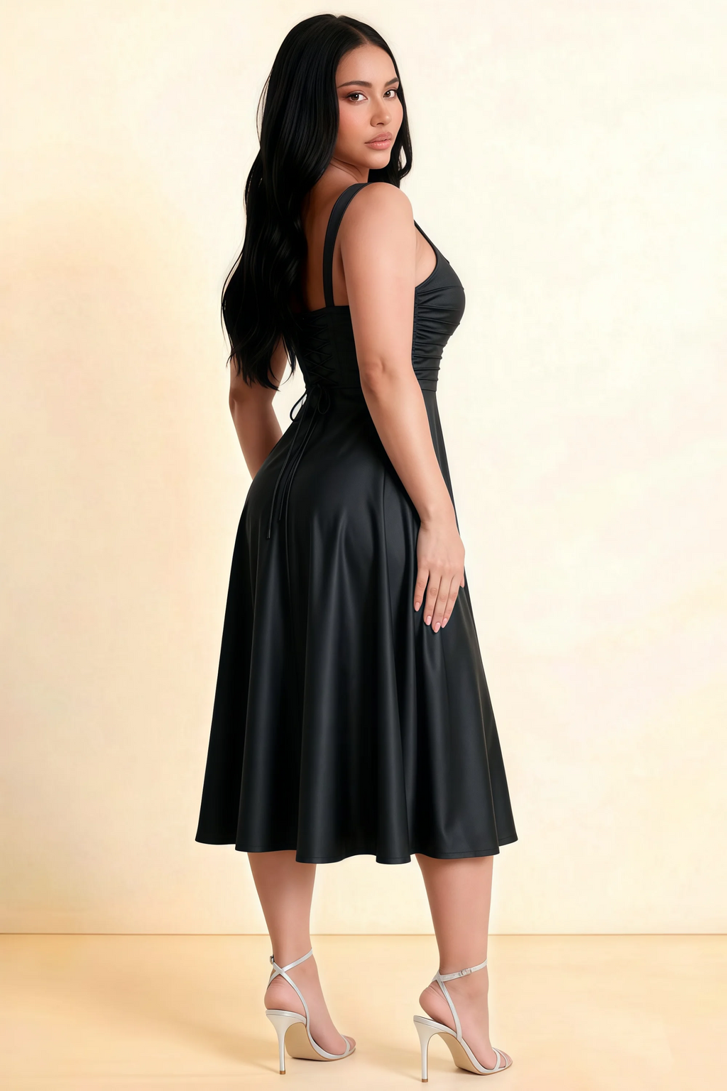 Abby Black Satin Square Neck Ruched Midi Dress