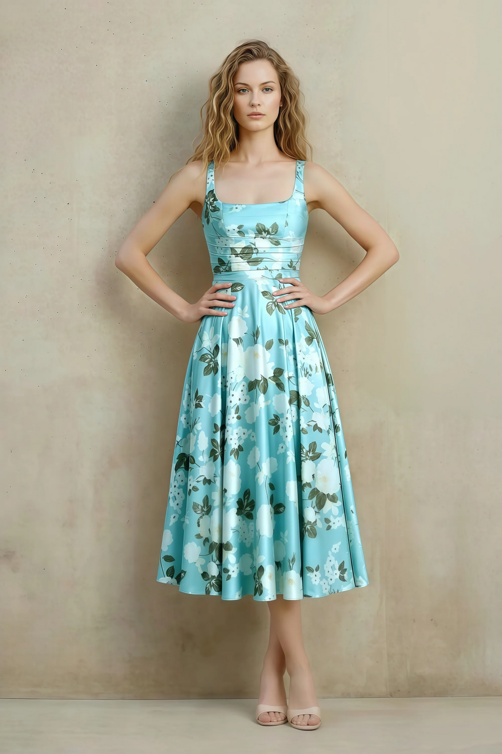 Abby Blue Floral Square Neck Ruched Midi Dress