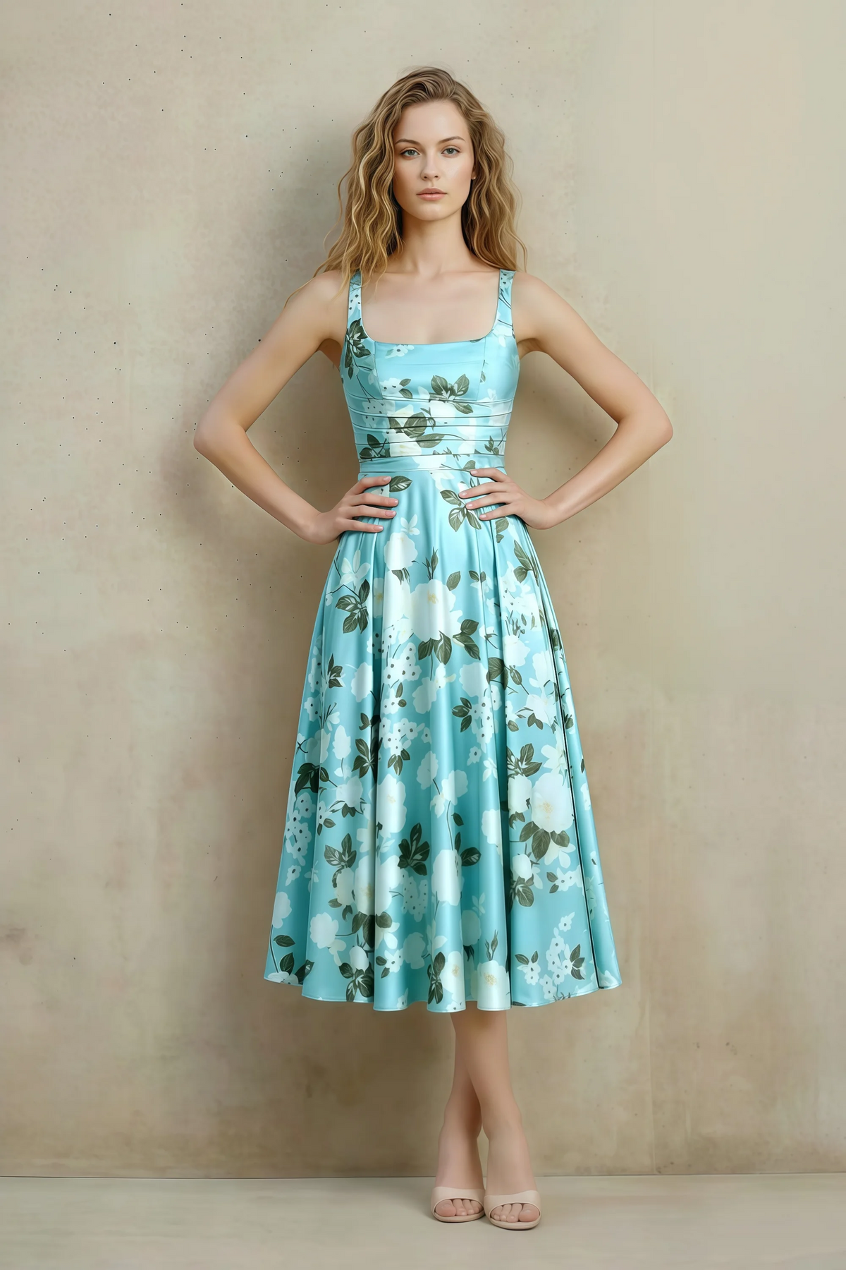 Abby Blue Floral Square Neck Ruched Midi Dress