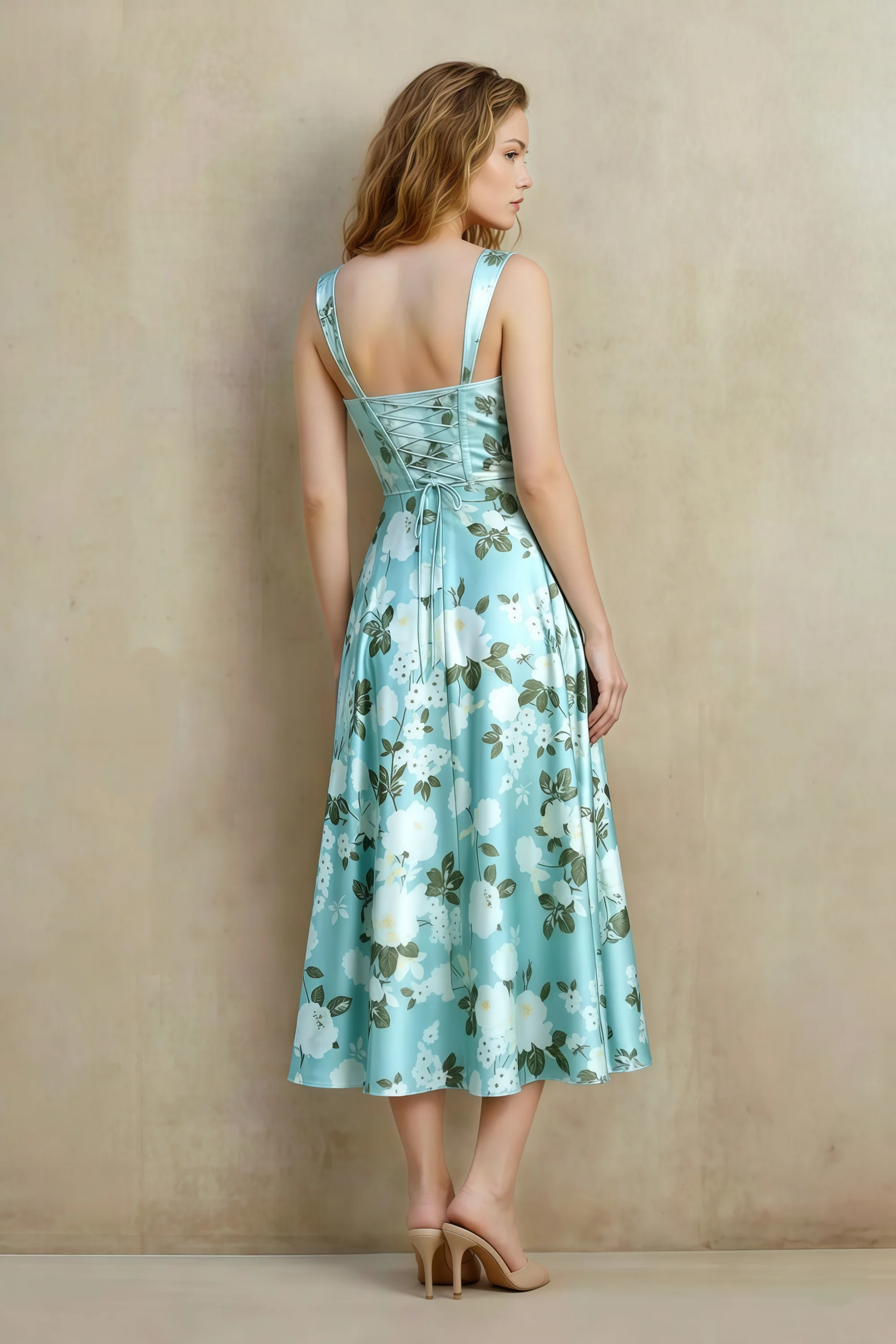 Abby Blue Floral Square Neck Ruched Midi Dress
