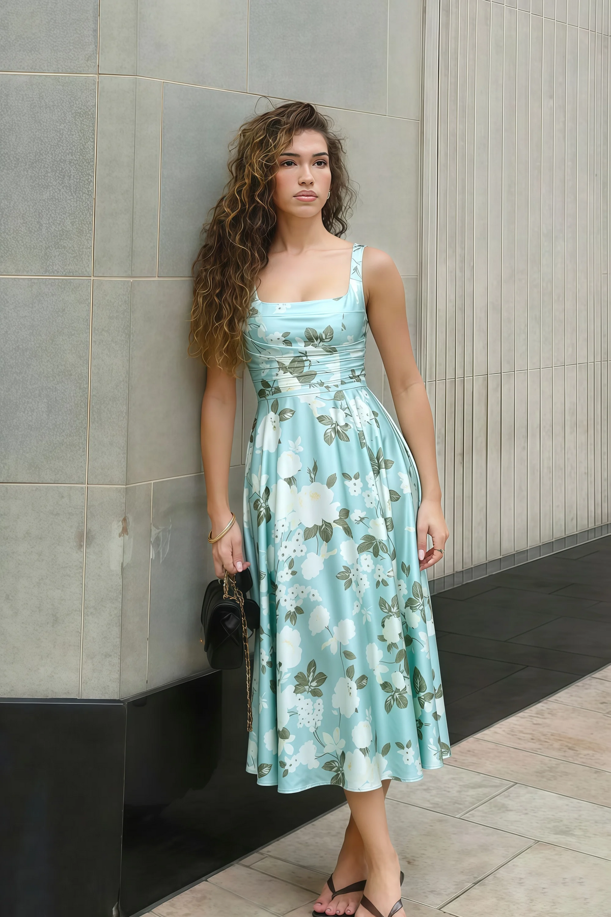 Abby Blue Floral Square Neck Ruched Midi Dress