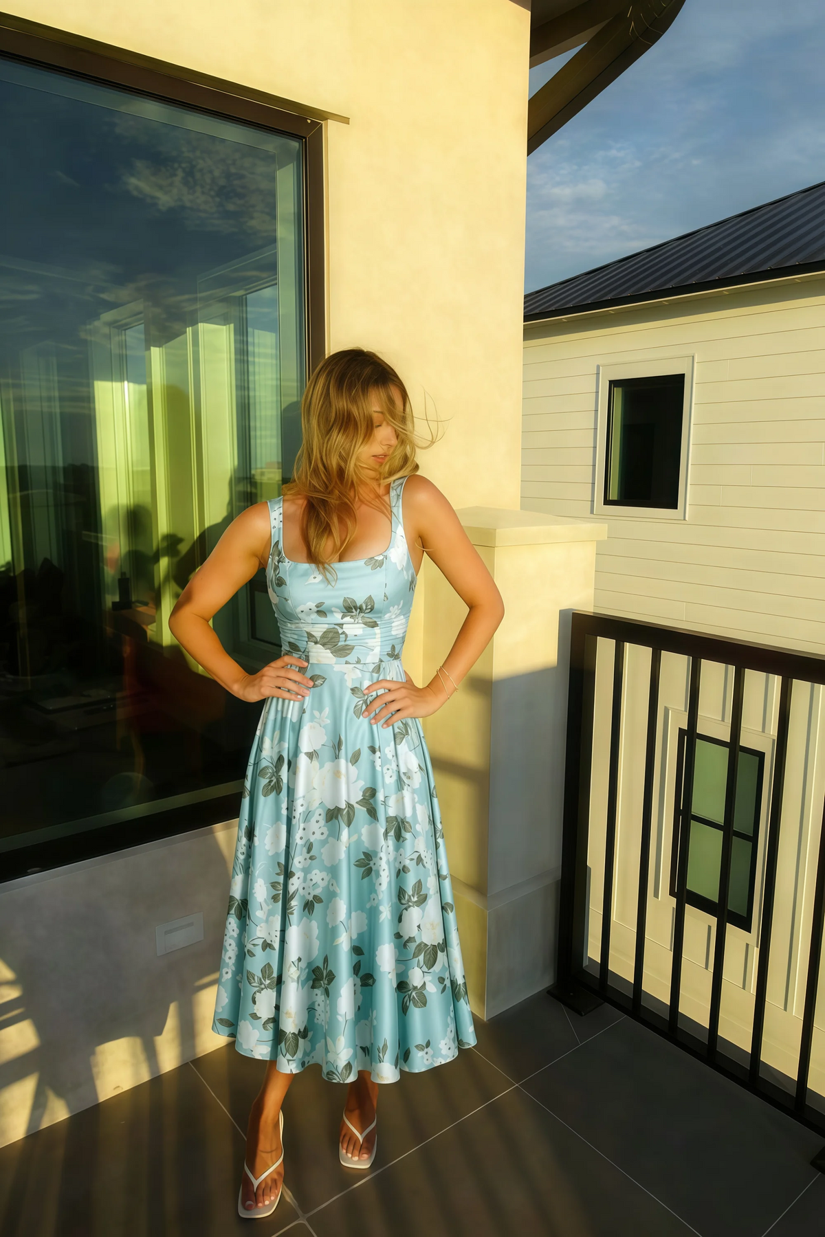 Abby Blue Floral Square Neck Ruched Midi Dress