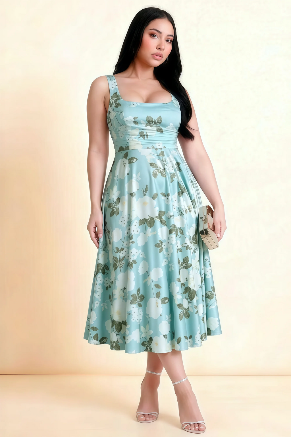 Abby Blue Floral Square Neck Ruched Midi Dress