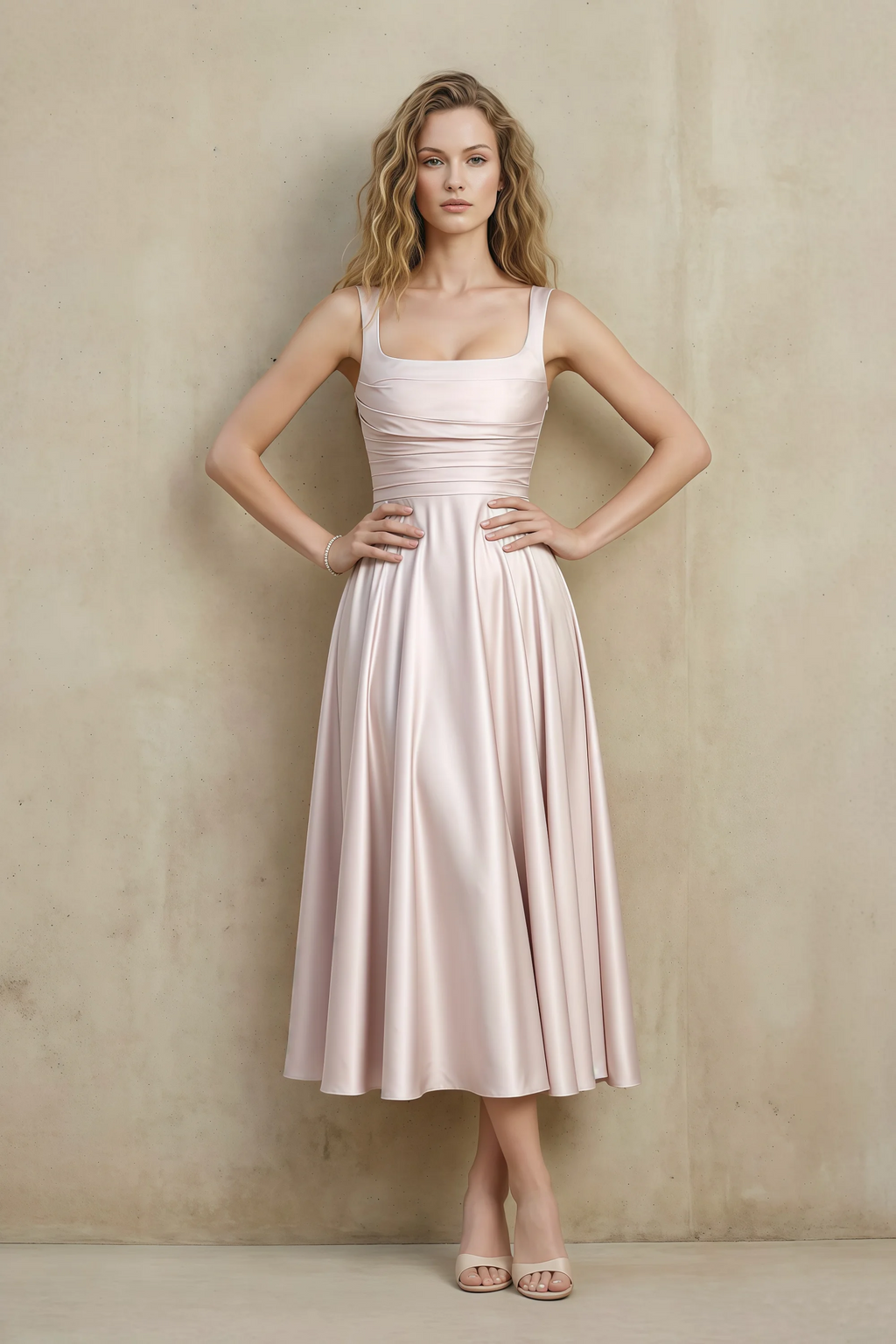 Abby Blush Satin Square Neck Ruched Midi Dress