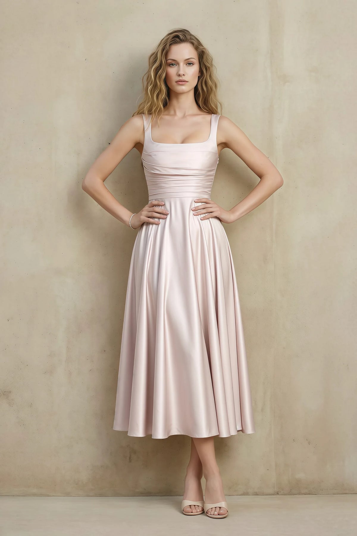 Abby Blush Satin Square Neck Ruched Midi Dress Main image